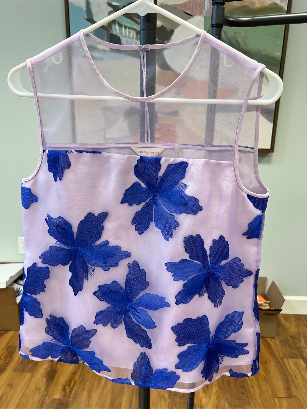 Rebecca Taylor Lilac & Blue Sleeveless Blouse with Royal Blue Floral Appliqué